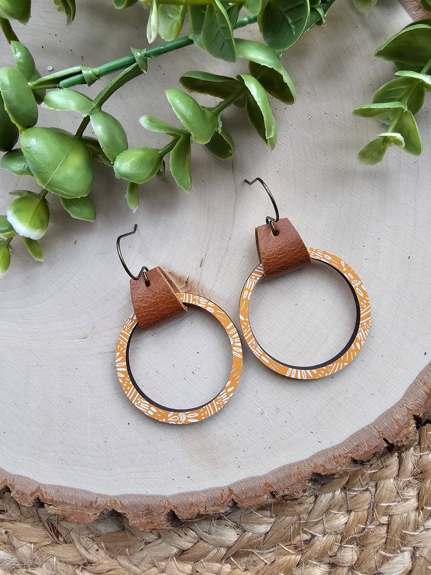 Mustard Boho Brown Leather & Single Wood Hoop Earrings