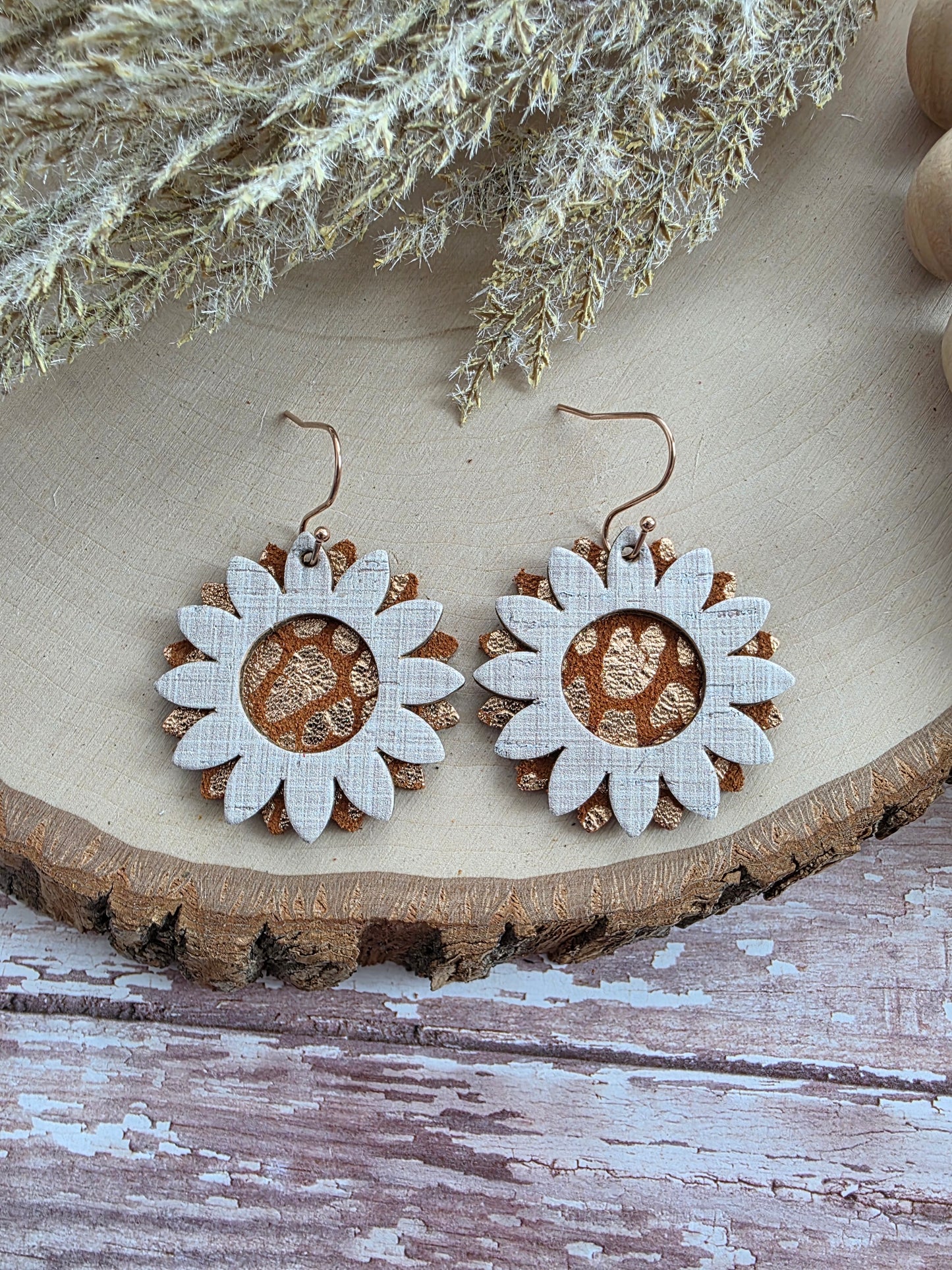 Tan & Rose Gold Sunflower Earrings