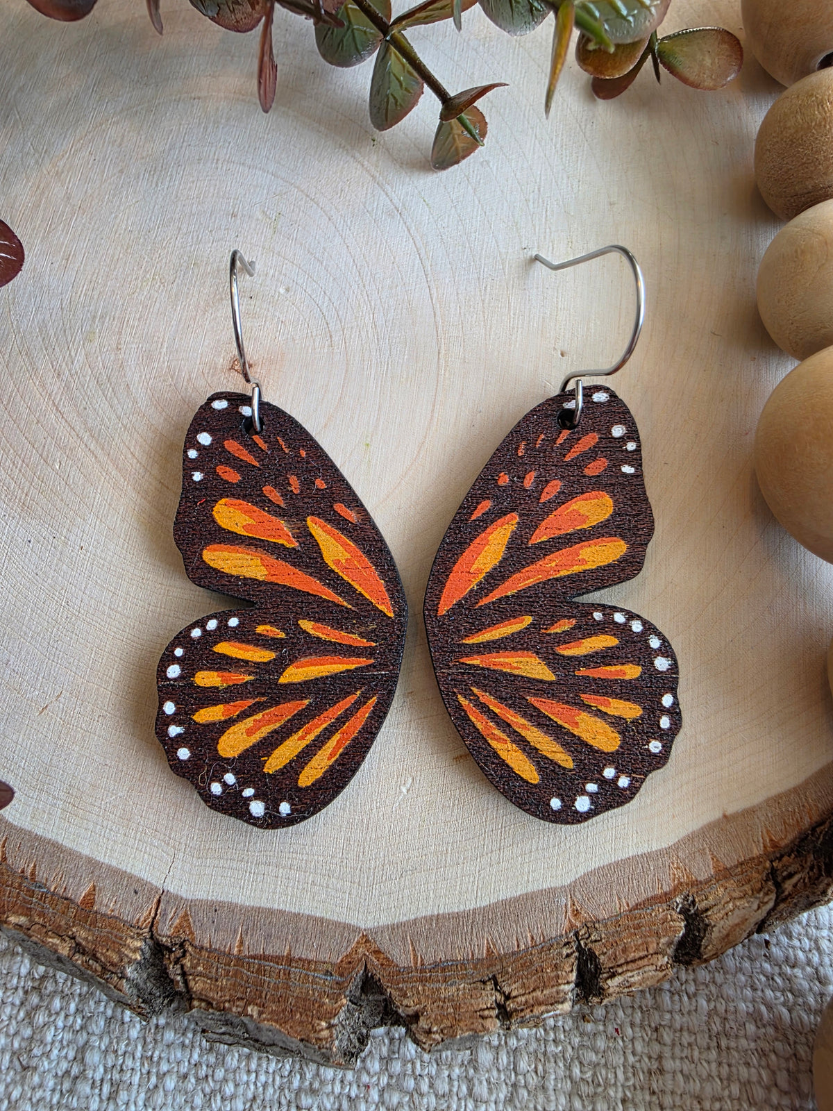 Monarch Butterfly Wing Wood Earrings
