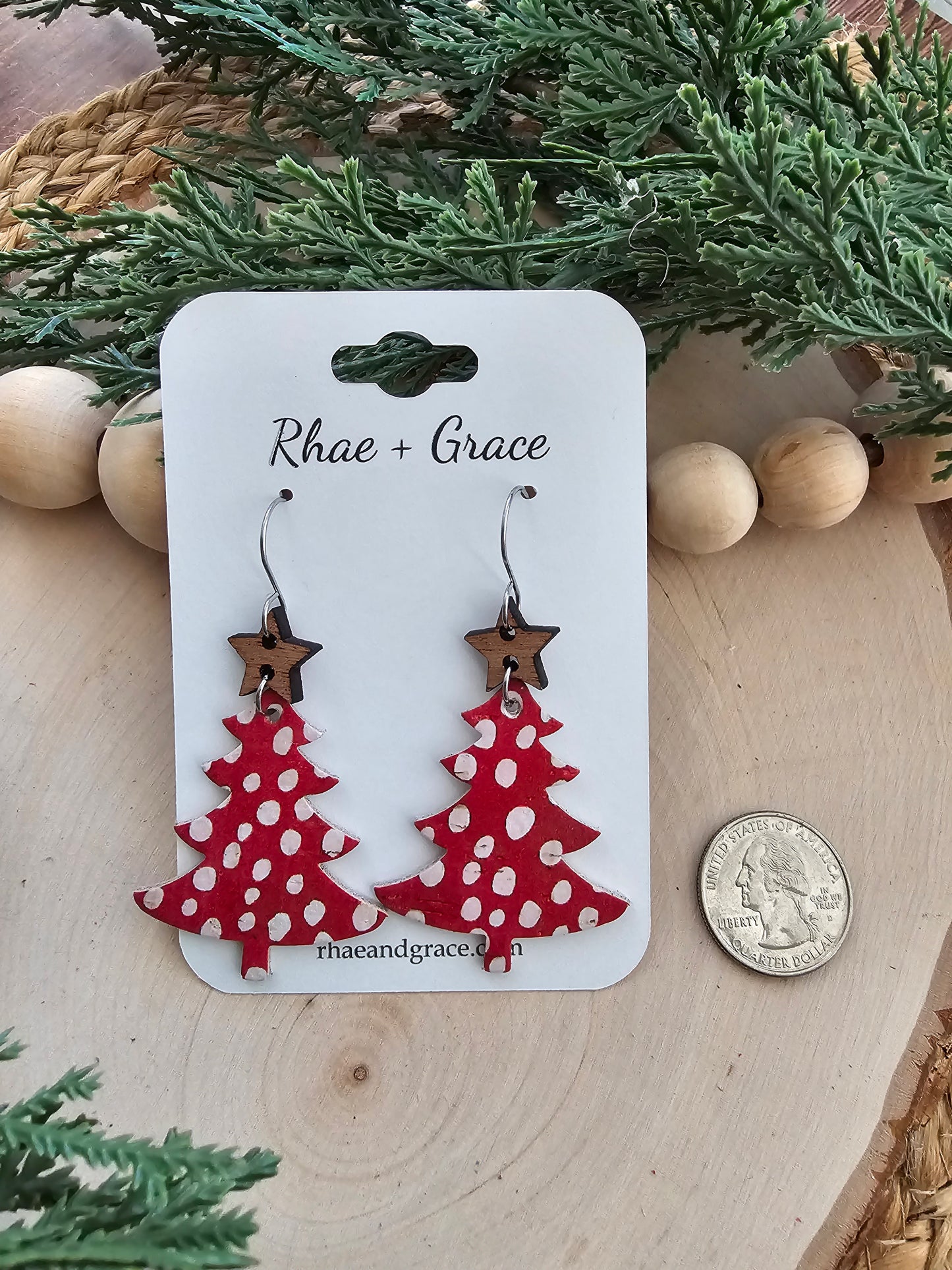 Red & White Spotted Christmas Tree Earrings