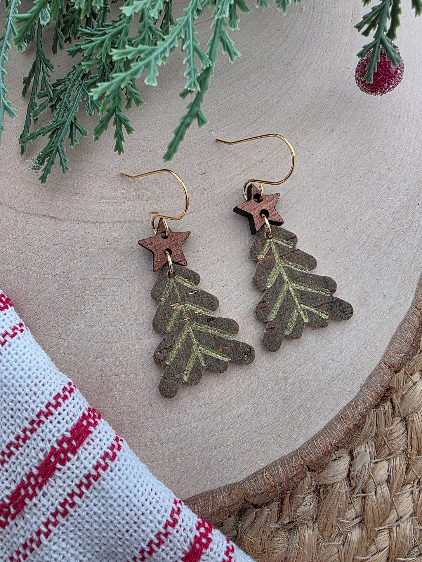 Little Green & Gold Retro Christmas Tree Earrings
