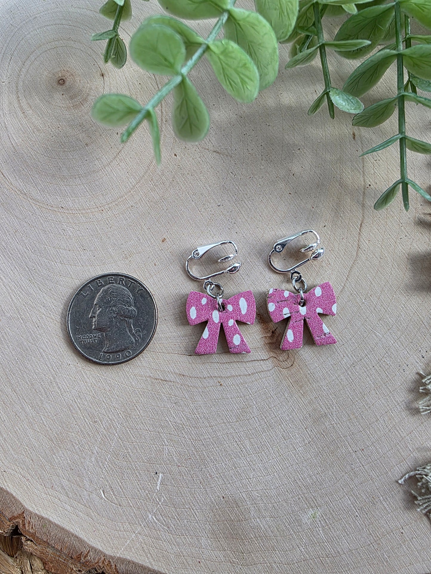 Pink Dotted Bow Clip On Earrings