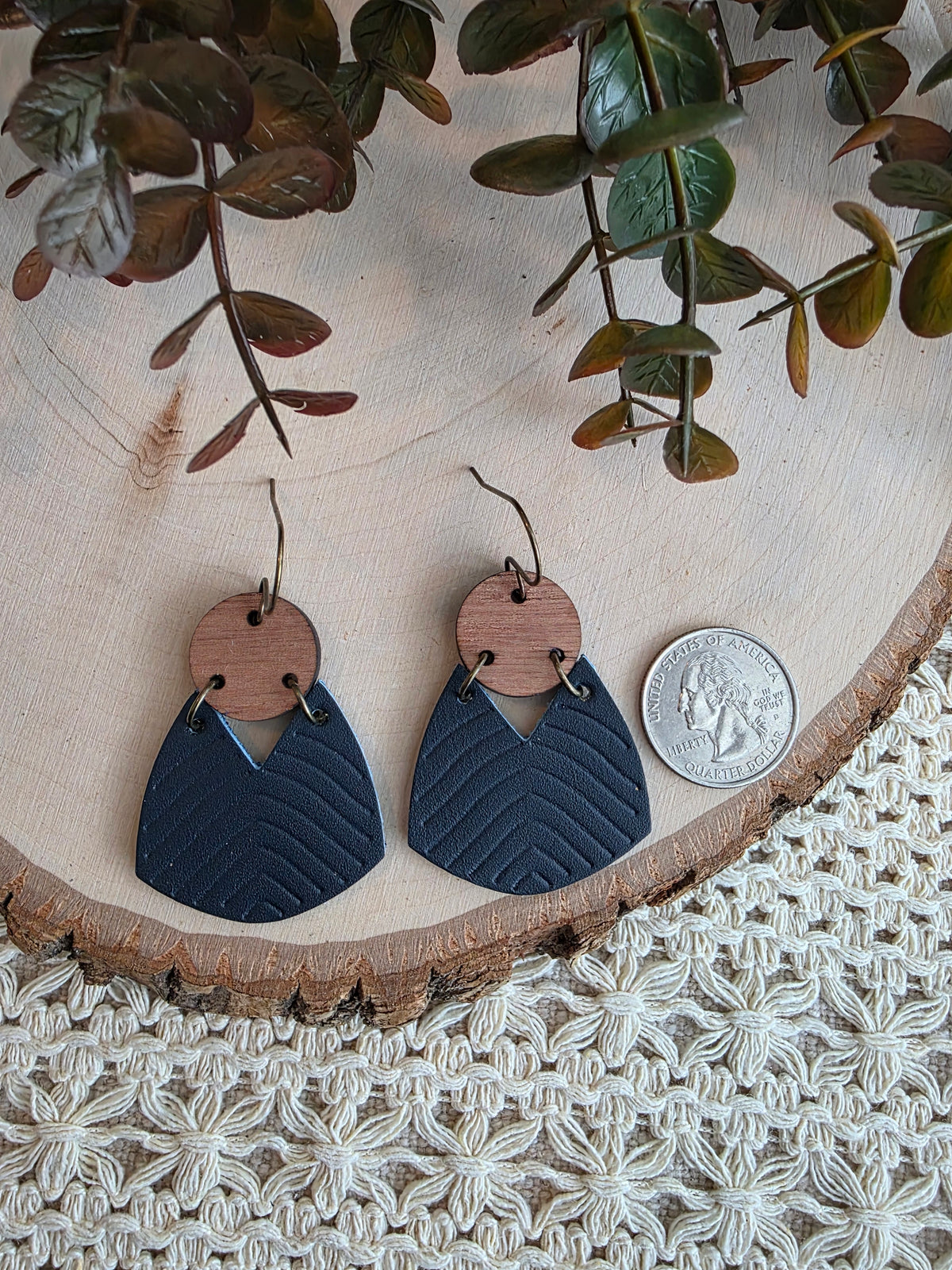 Geometric Boho Embossed Chevron Earrings - Navy Blue