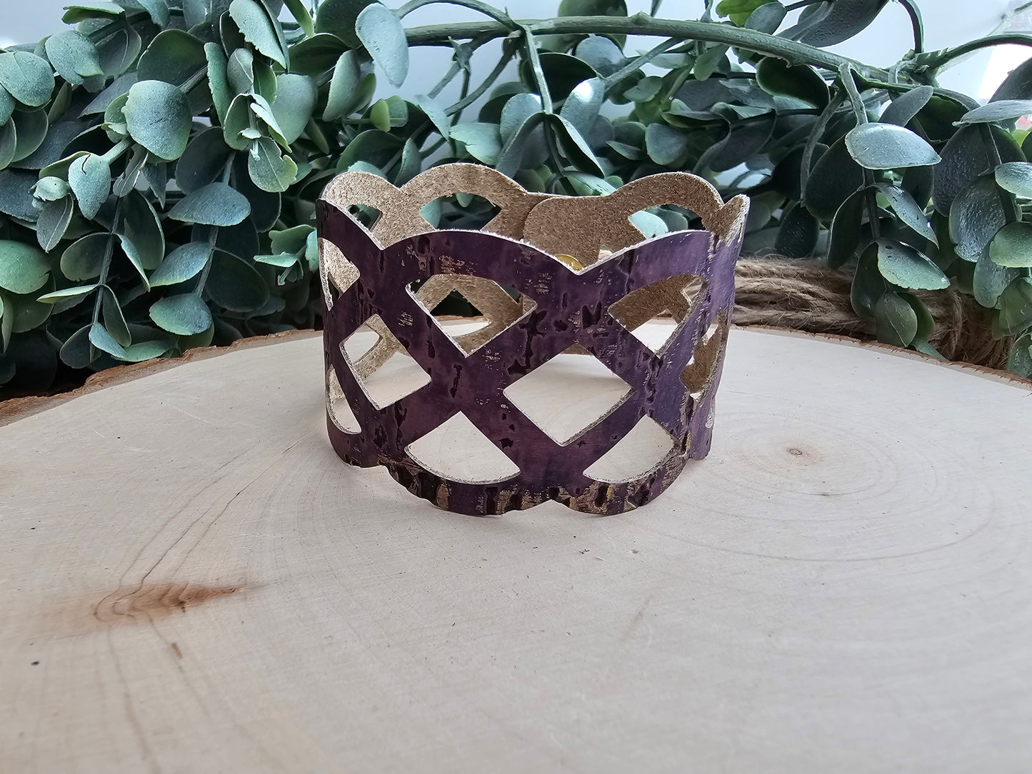 Lavender Purple & Gold Rustic Lattice Leather Bracelet