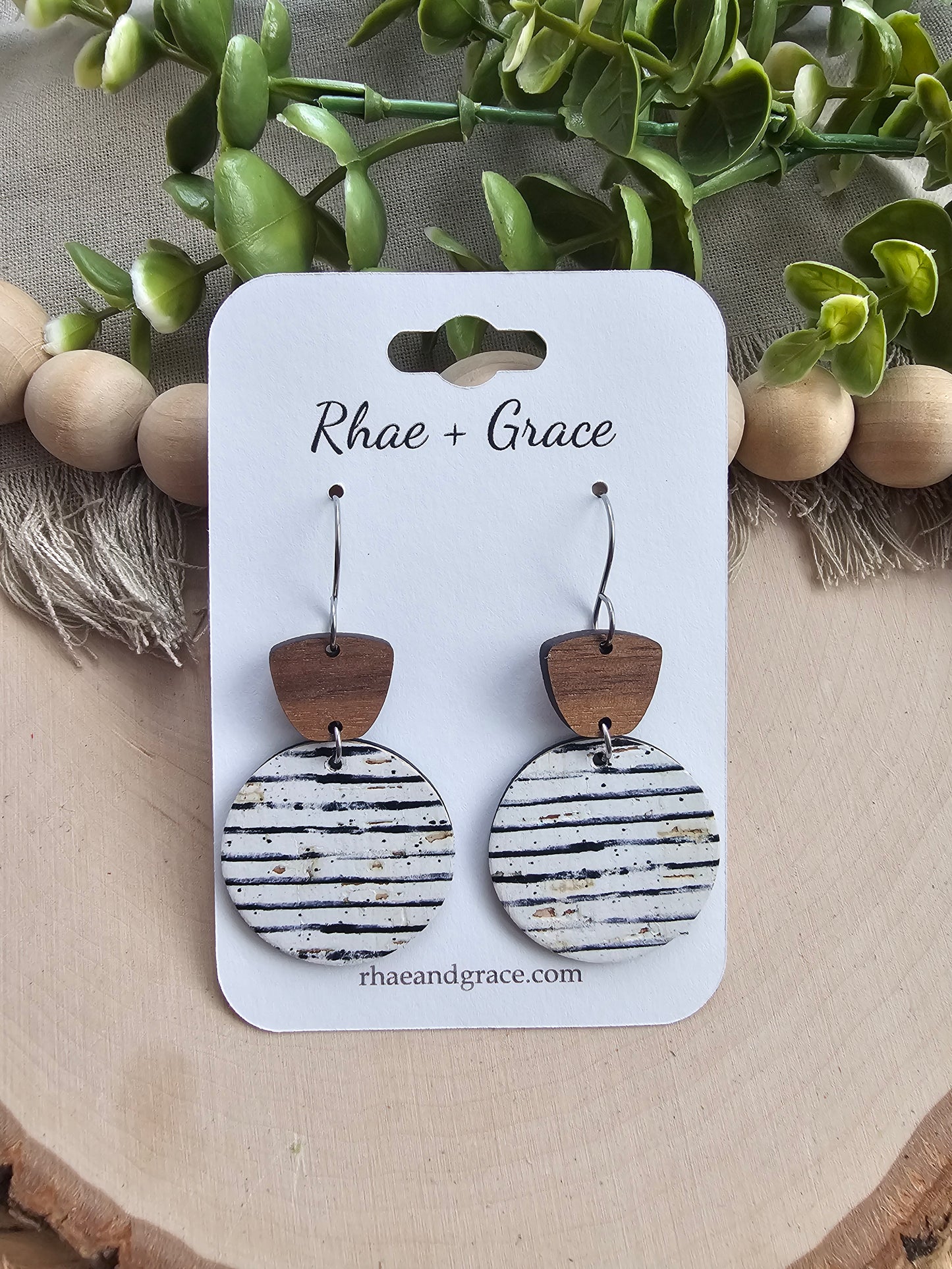 Black & White Vintage Pinstripe Circle Drop Earrings