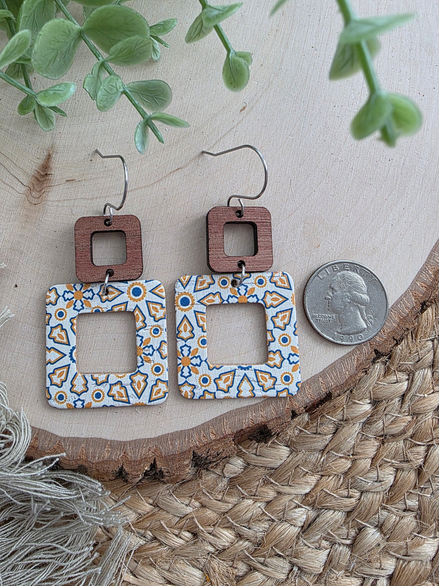 Blue & Yellow Moroccan Tile Rounded Square Cutout Earrings