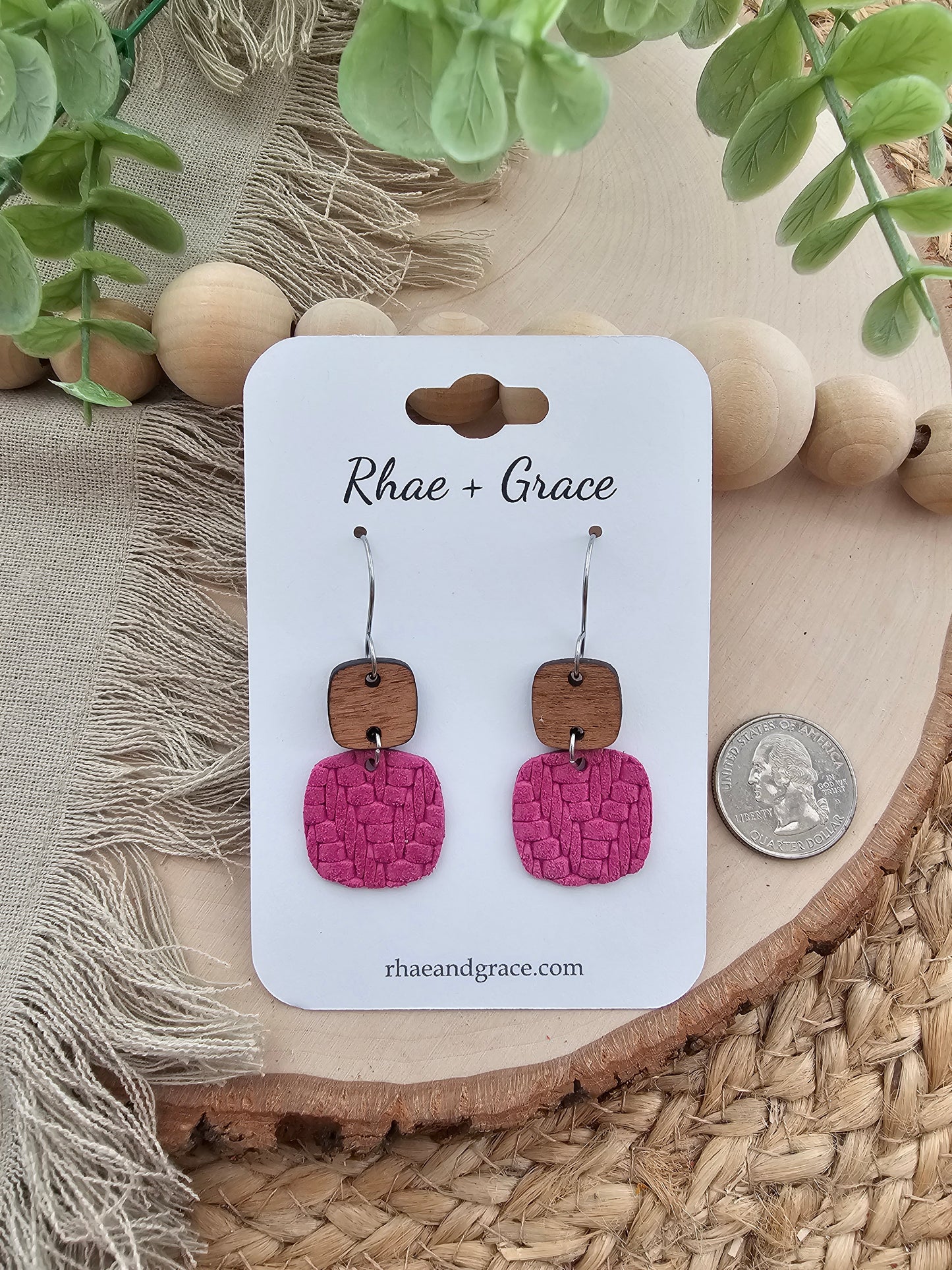 Hot Pink Knit Embossed Braid Rounded Square Earrings