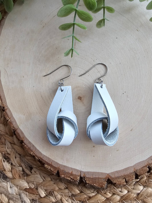 White Wide Leather Knot Earrings