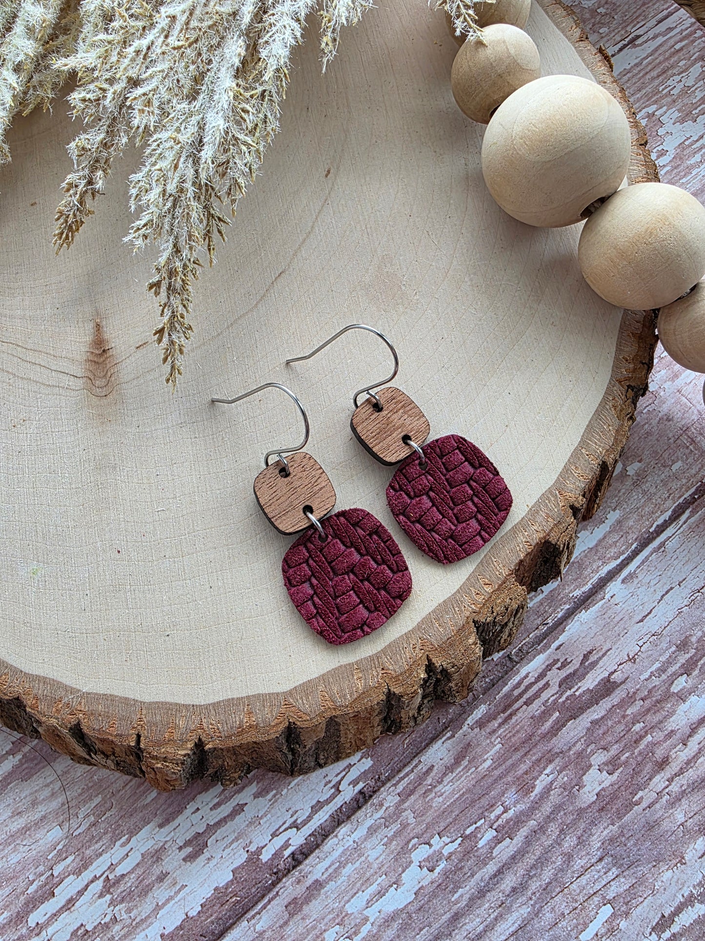 Red Wine Knit Embossed Braid Rounded Square Earrings