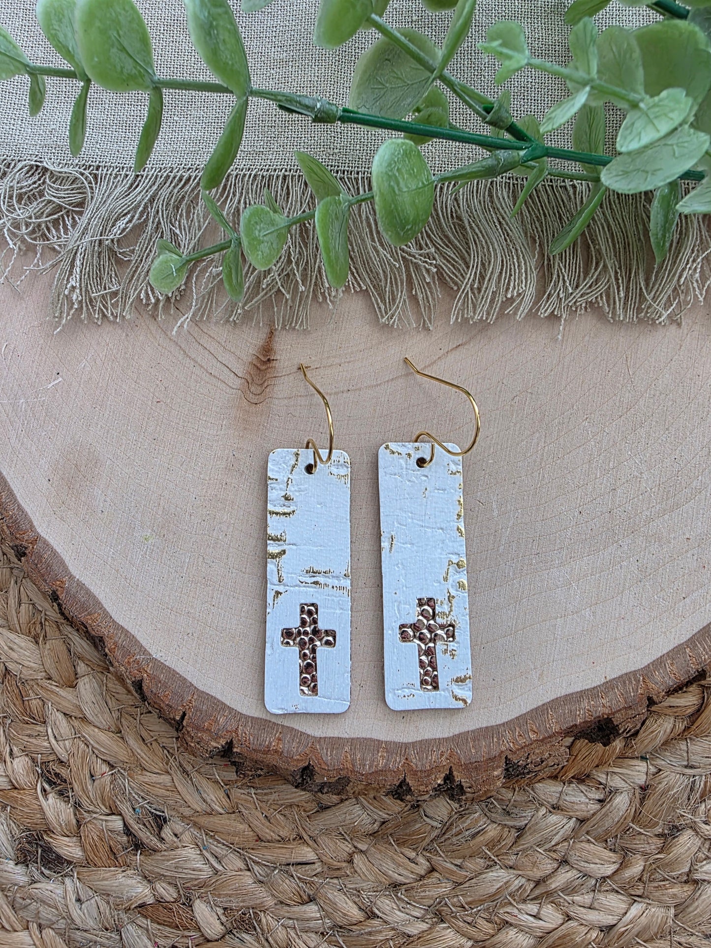 White & Gold Cross Bar Earrings