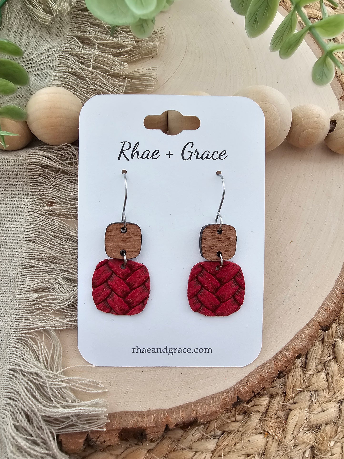 Red Embossed Braid Rounded Square Earrings