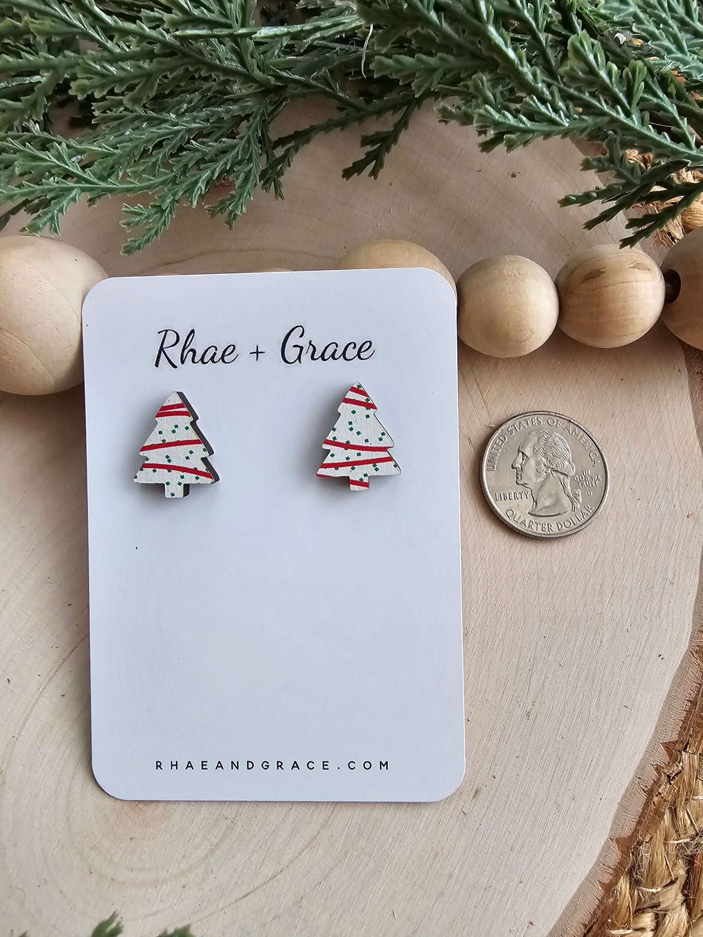 Christmas Tree Cake Wood Stud Earrings