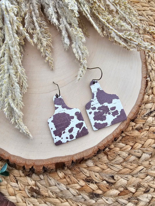 Brown & Cream Cow Print Cattle Tag Earrings