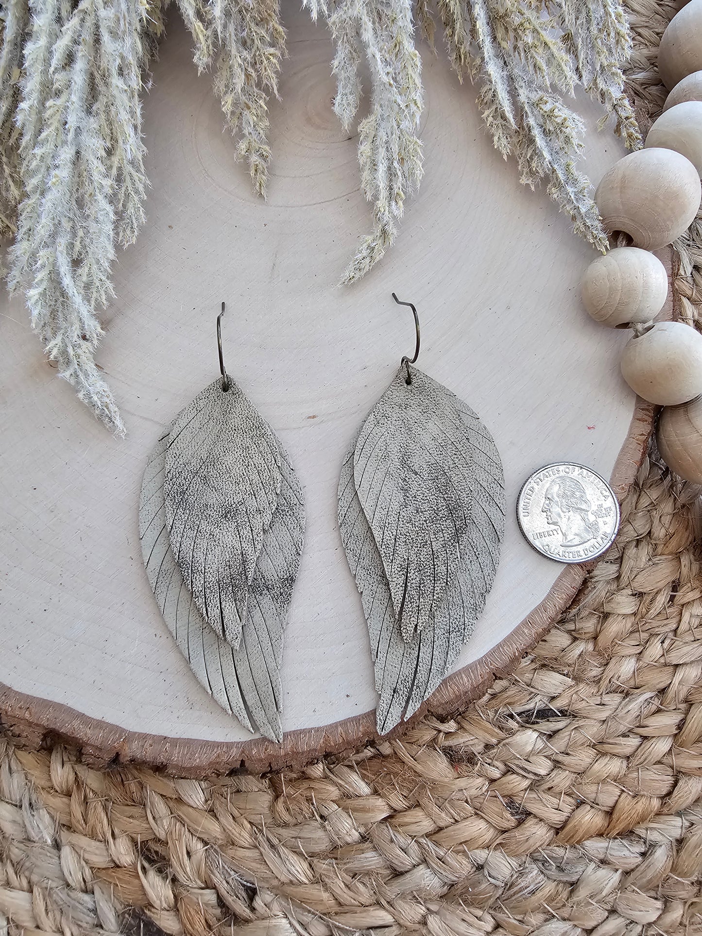 Distressed Tan Boho Fringe Feather Earrings