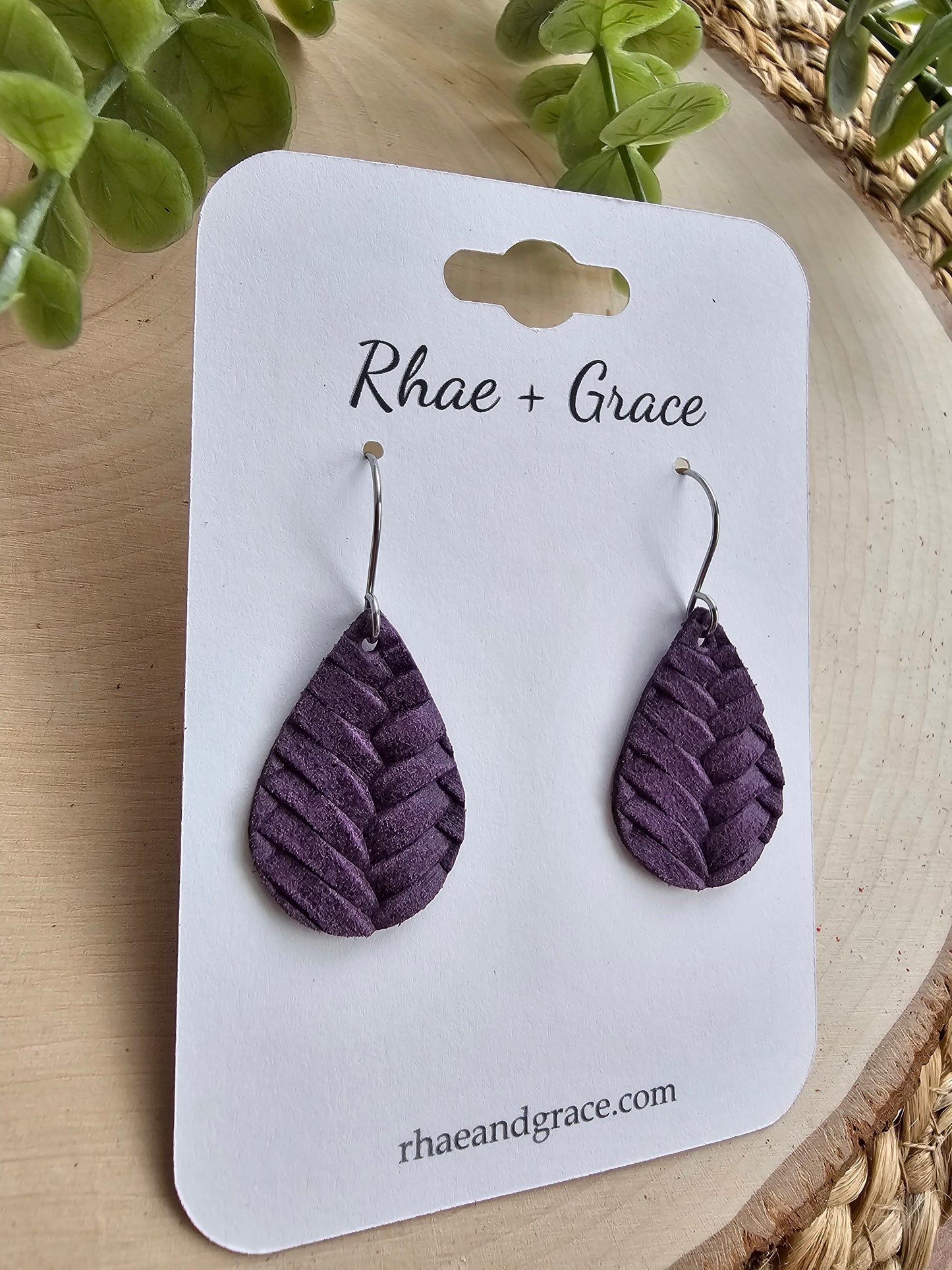 Grape Purple Braided Teardrop Earrings - Small