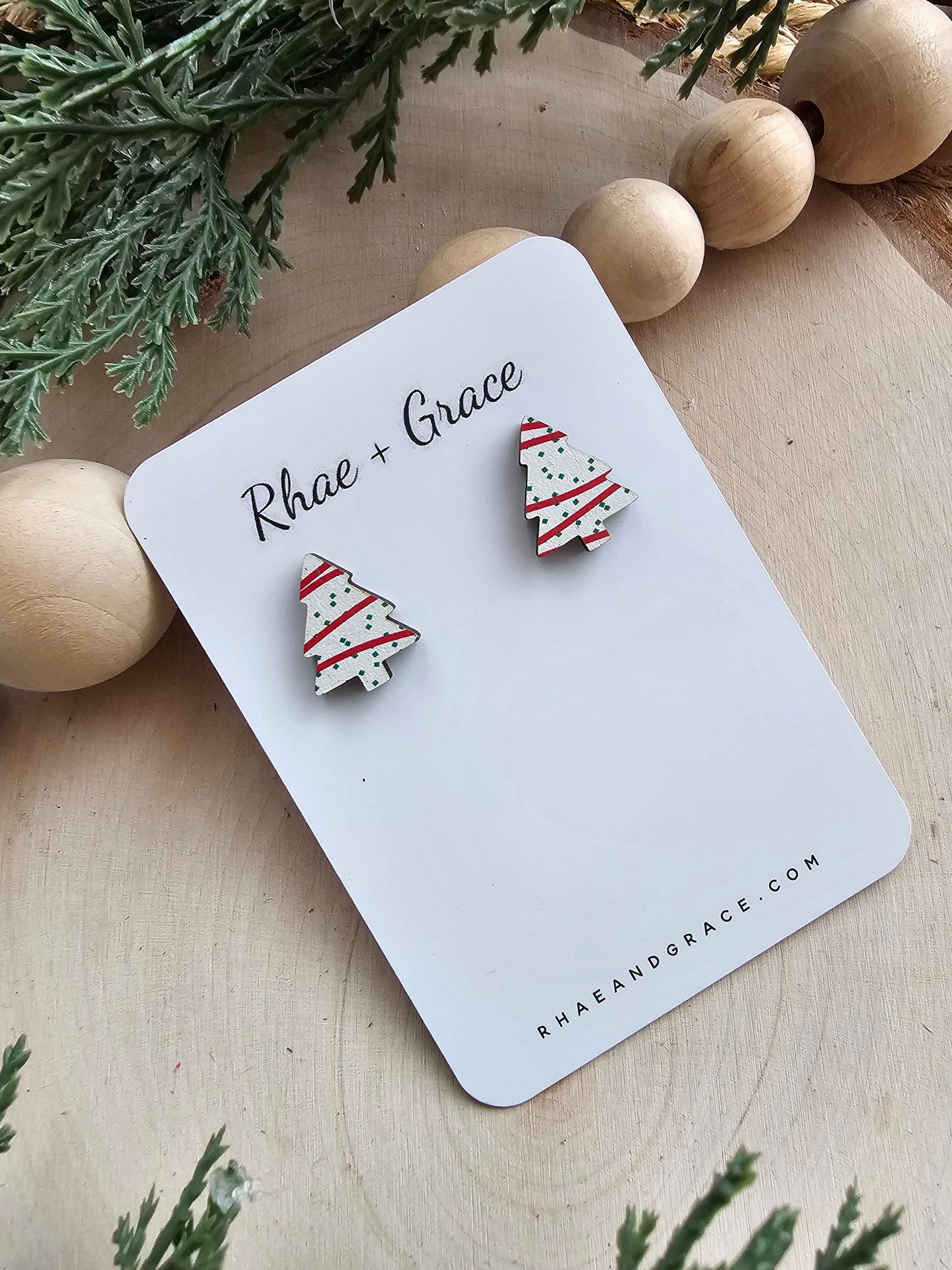 Christmas Tree Cake Wood Stud Earrings