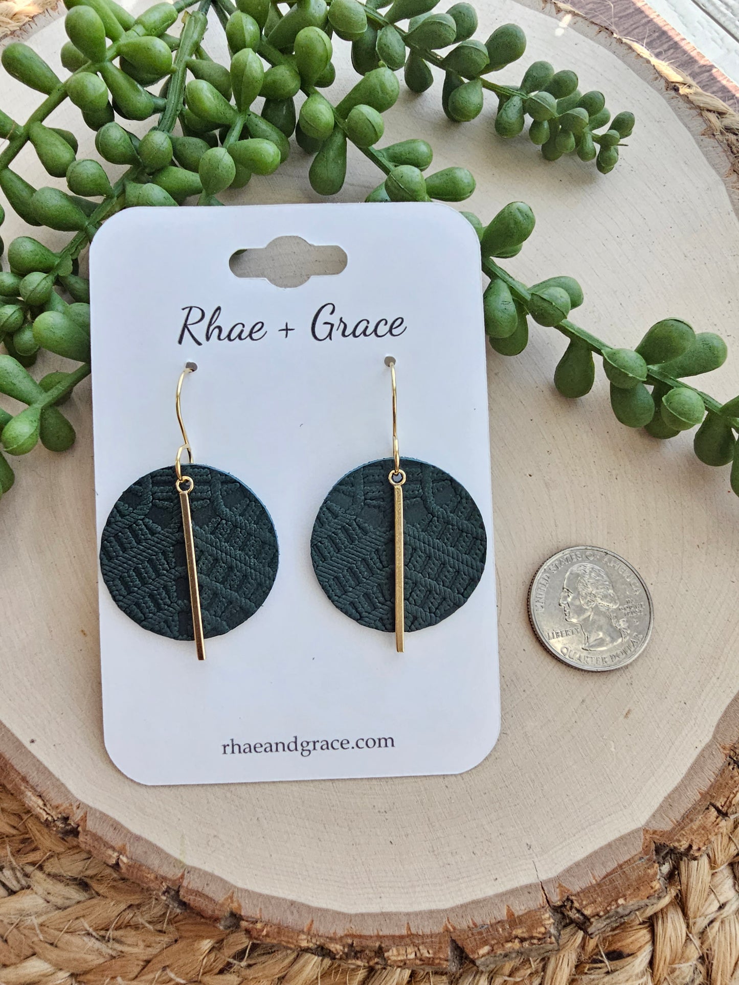 Forest Green & Gold Embossed Circle Drop Earrings