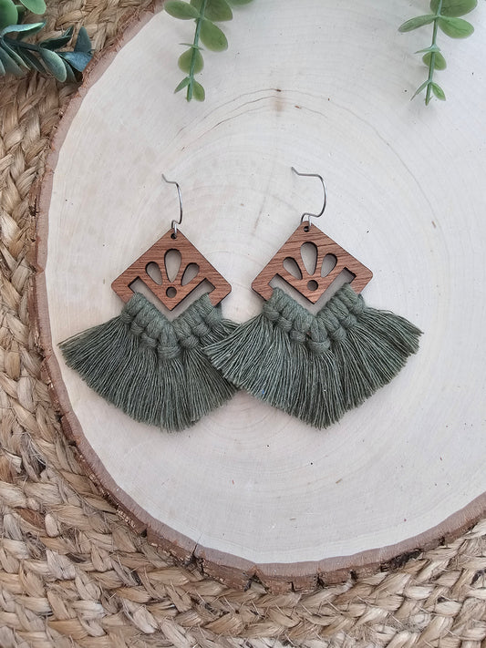 Olive Green Square Macramé Earrings