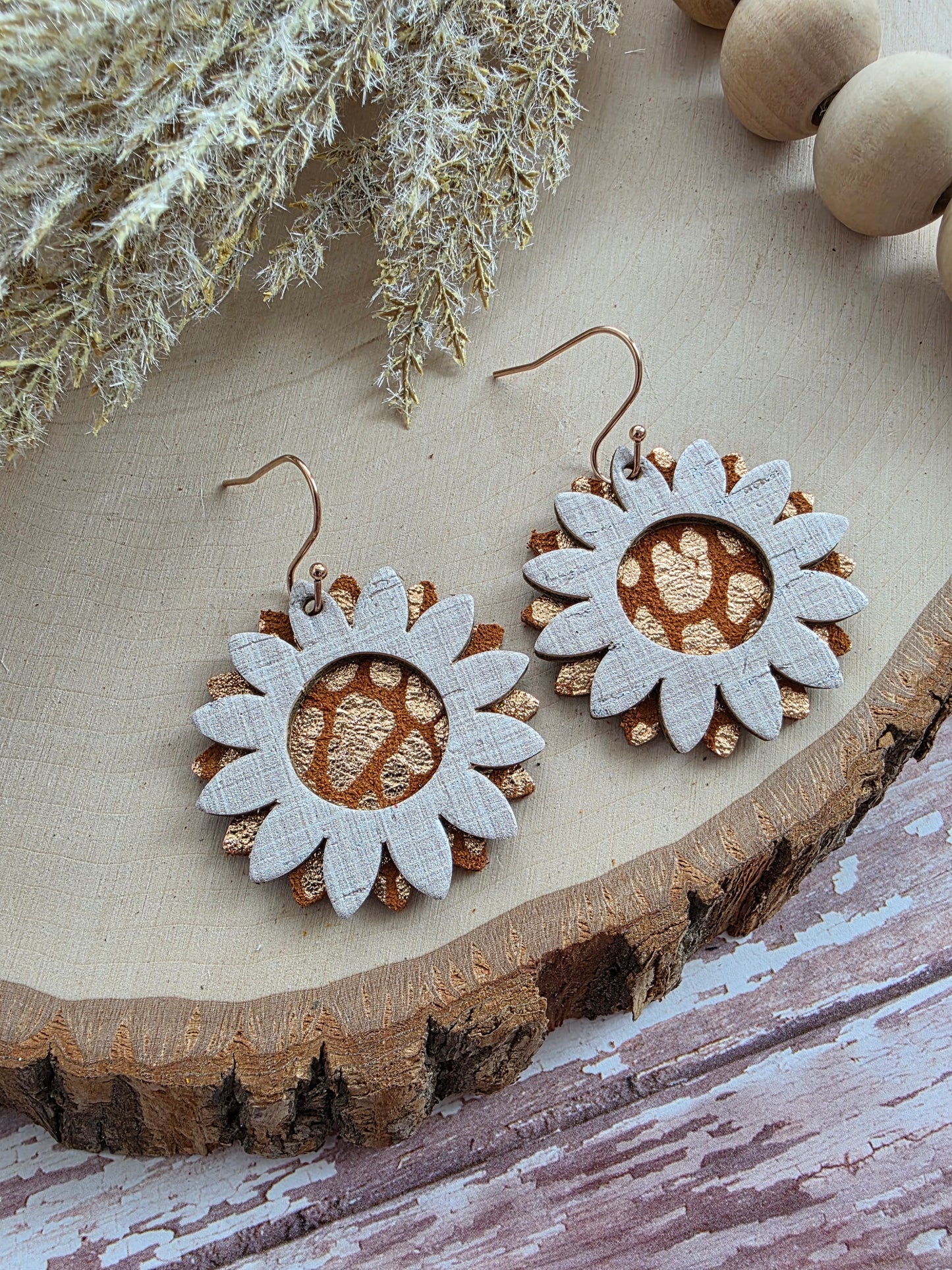 Tan & Rose Gold Sunflower Earrings