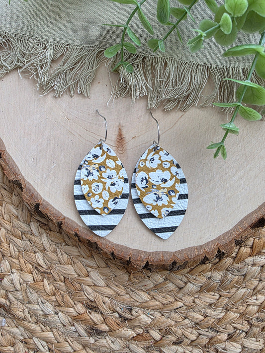 Yellow Floral and Black & White Striped Layered Leaf Earrings