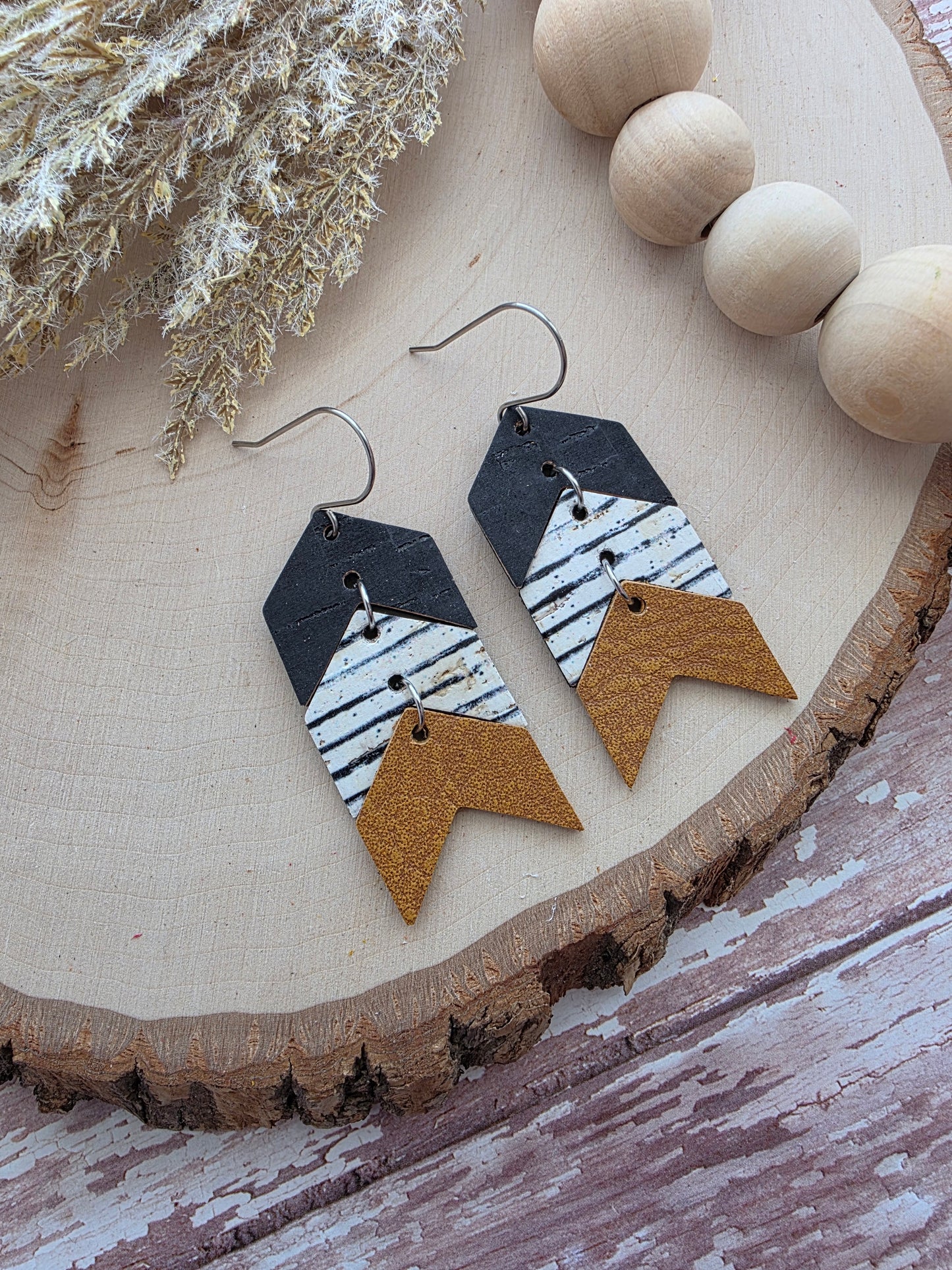 Black, White & Brown Striped Triple Chevron Arrow Earrings