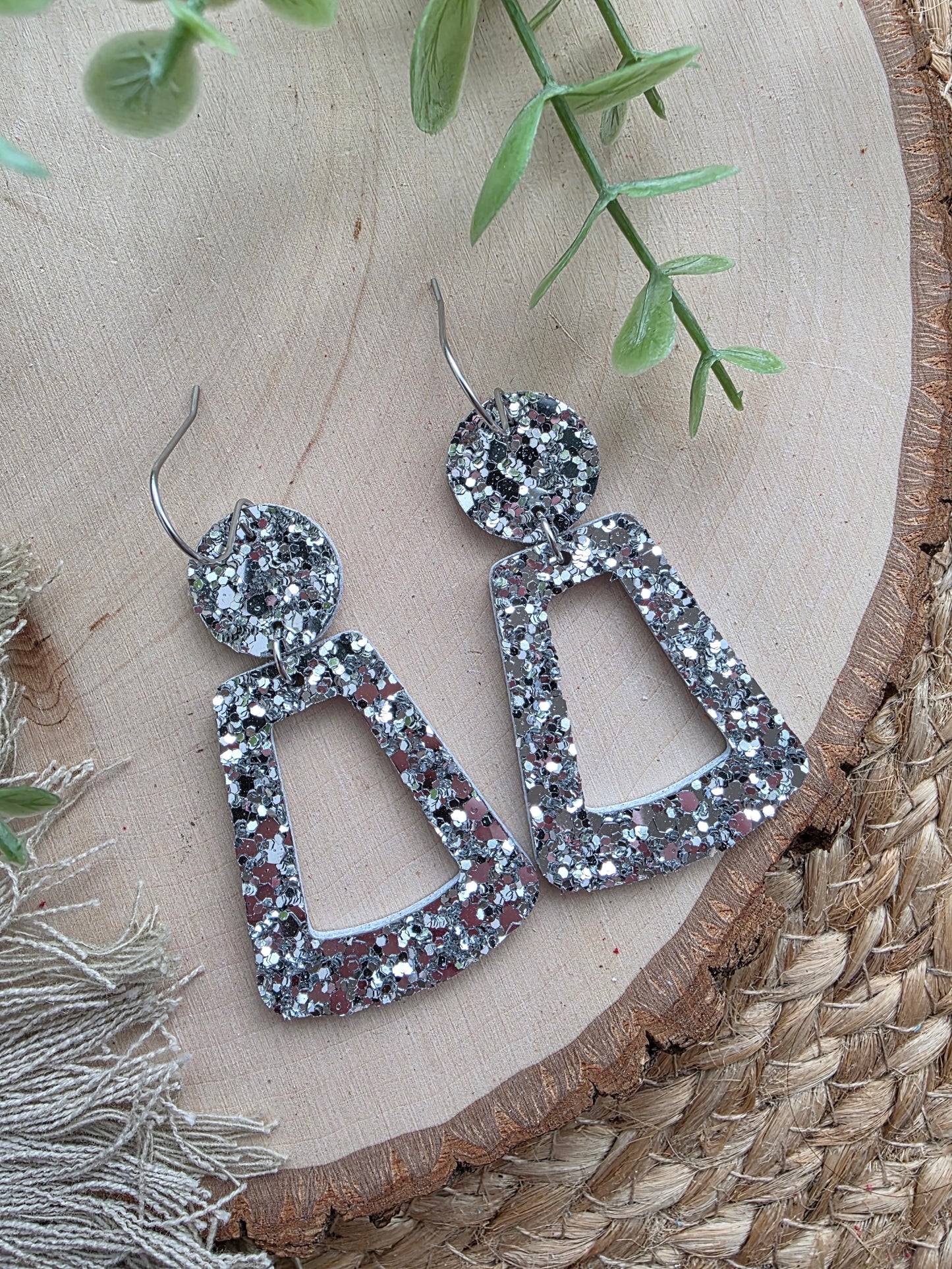Silver Glitter Open Trapezoid Earrings