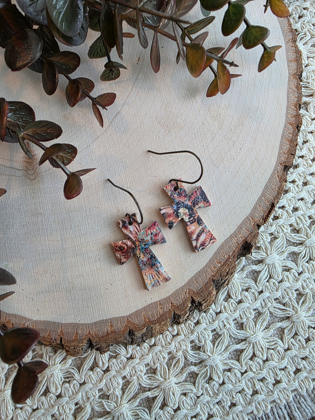 Dainty Rustic Autumn Dye Cross Earrings