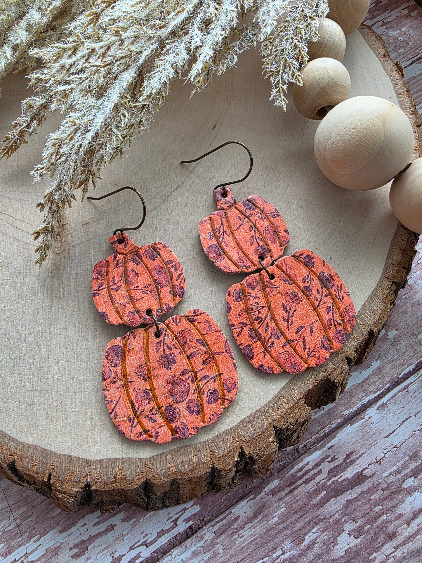 Orange Wildfire Floral Stacked Pumpkin Earrings