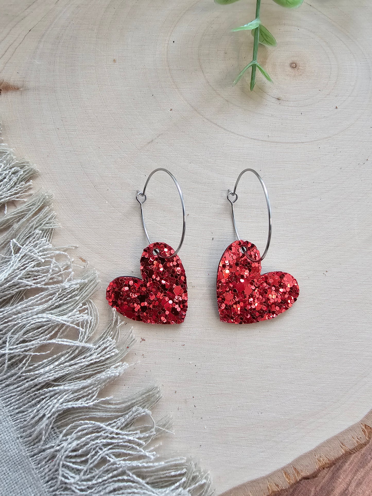 Red Glitter Small Heart Hoop Earrings