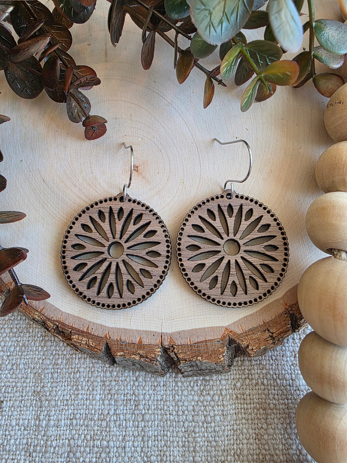 Intricate Radial Round Wood Earrings
