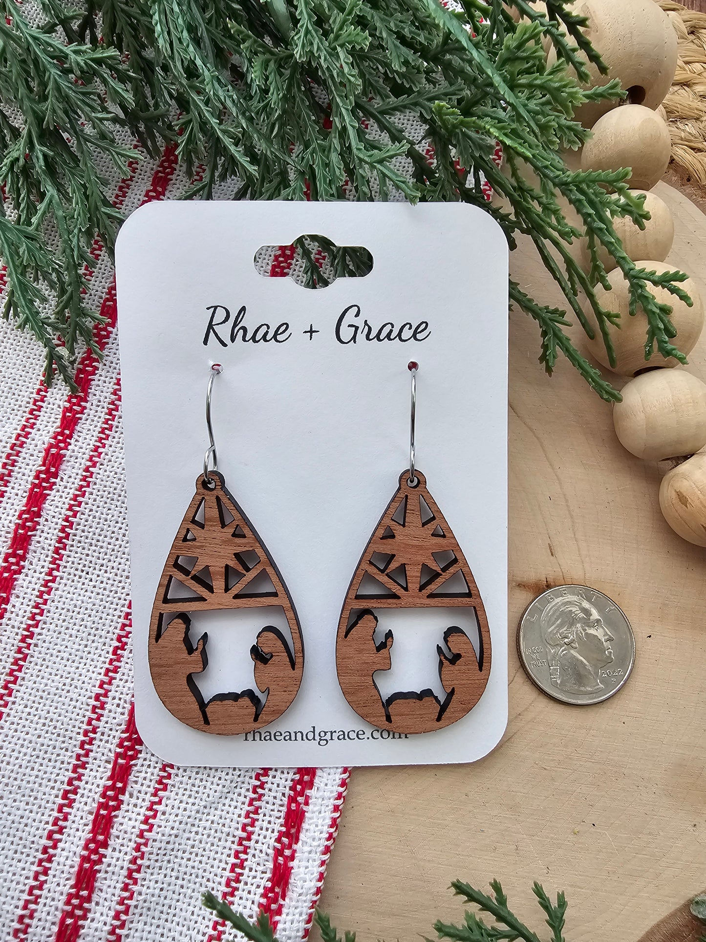 Nativity Silhouette Wood Teardrop Earrings