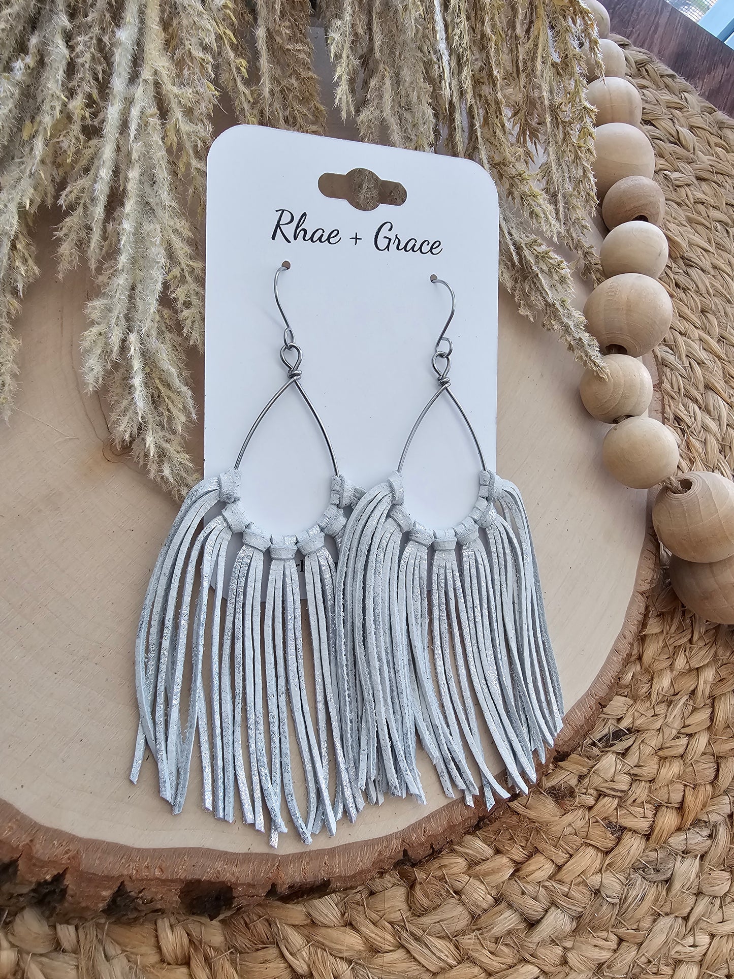 White & Silver Leather Fringe Statement Earrings