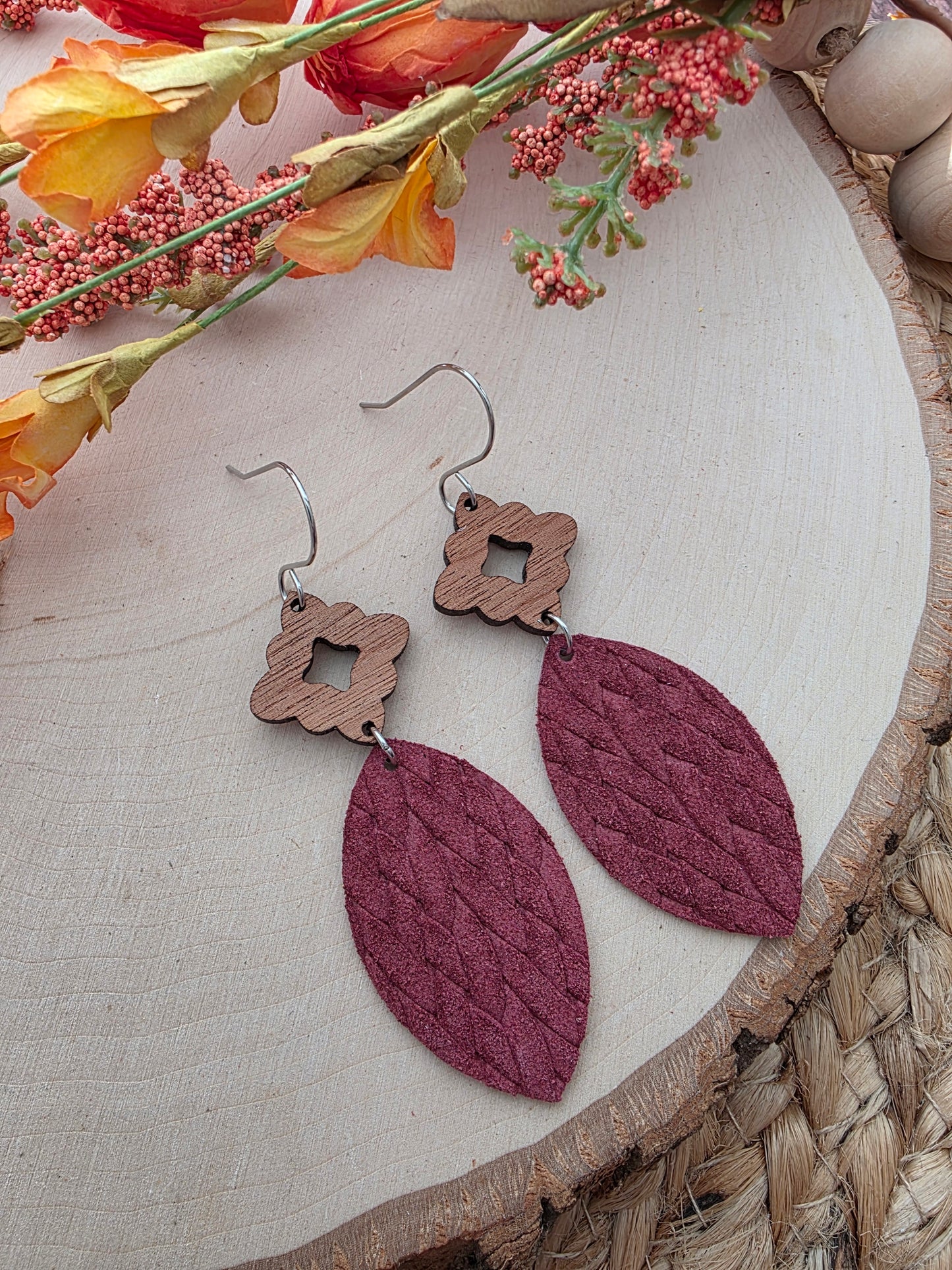 Merlot Red Leather Leaf Earrings