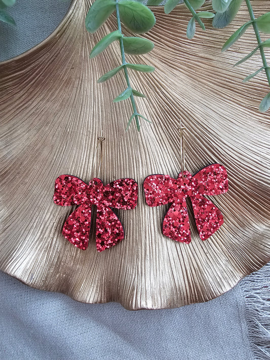 Ruby Red Glitter Bow Earrings