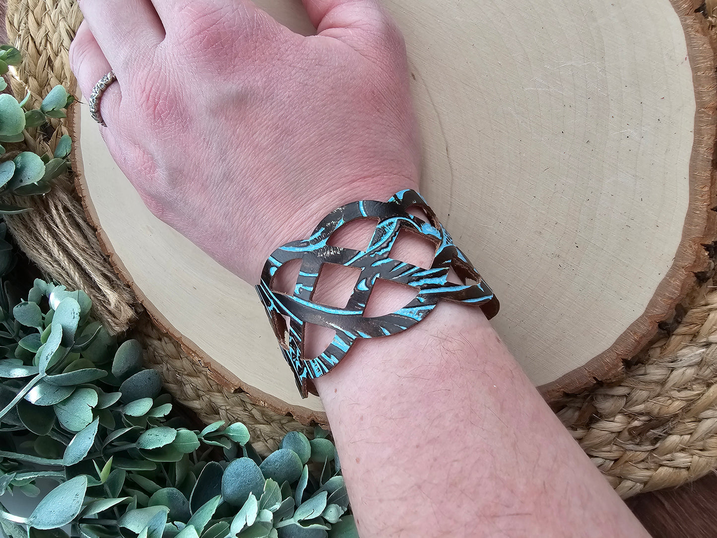 Turquoise & Brown Tooled Lattice Leather Bracelet