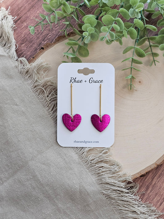 Metallic Fuschia Heart Drop Post Earrings