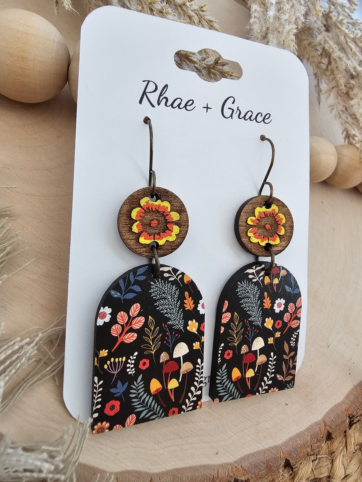 Autumn Mushroom Floral Closed Arch Drop Earrings