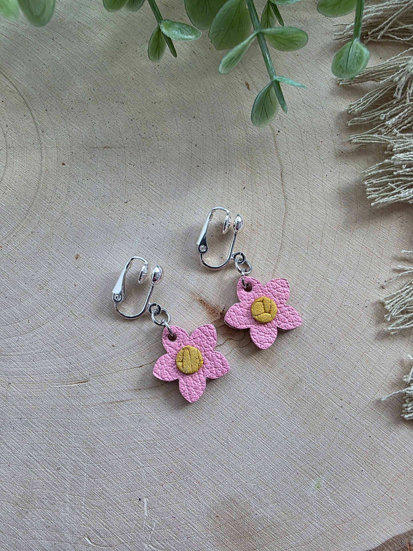 Pink Flower Clip On Earrings