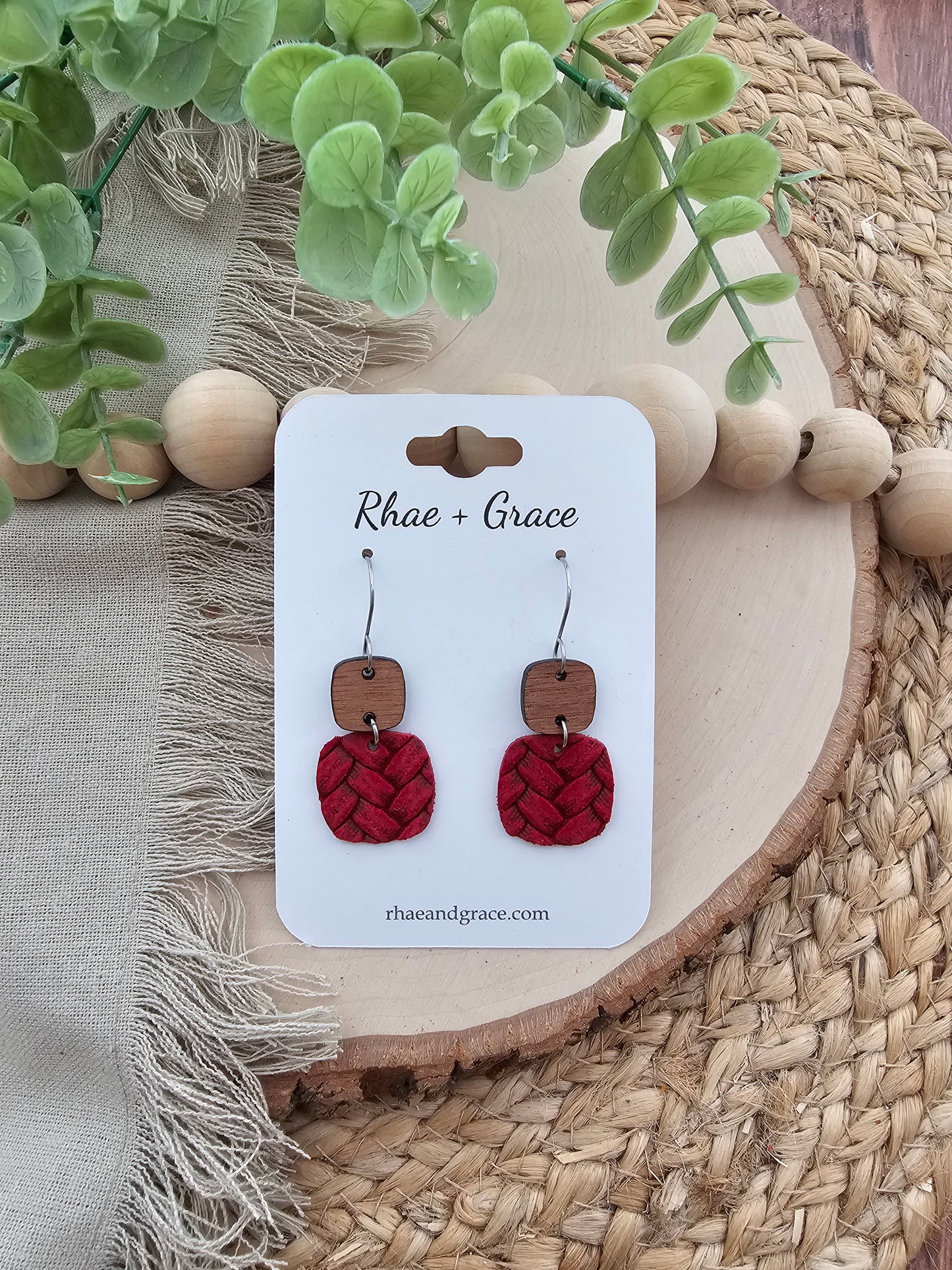 Red Embossed Braid Rounded Square Earrings