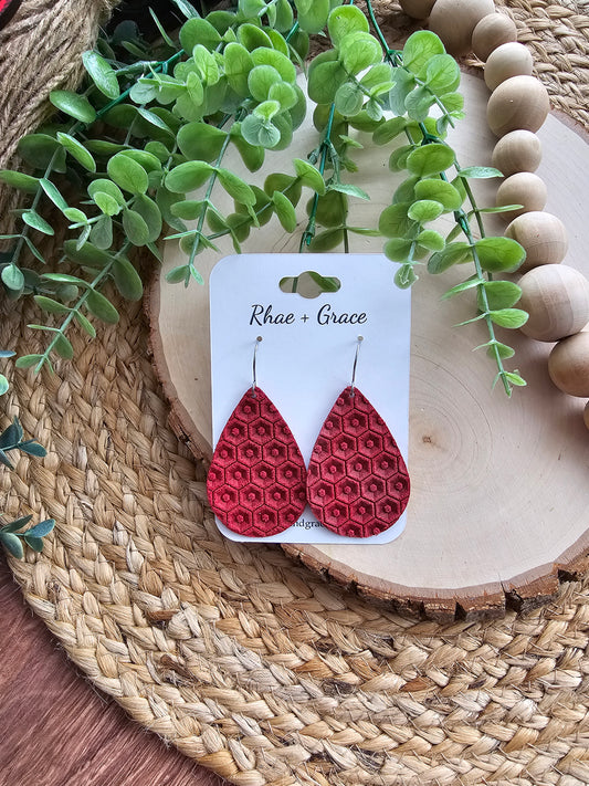 Red Honeycomb Embossed Teardrop Earrings - 2.25"