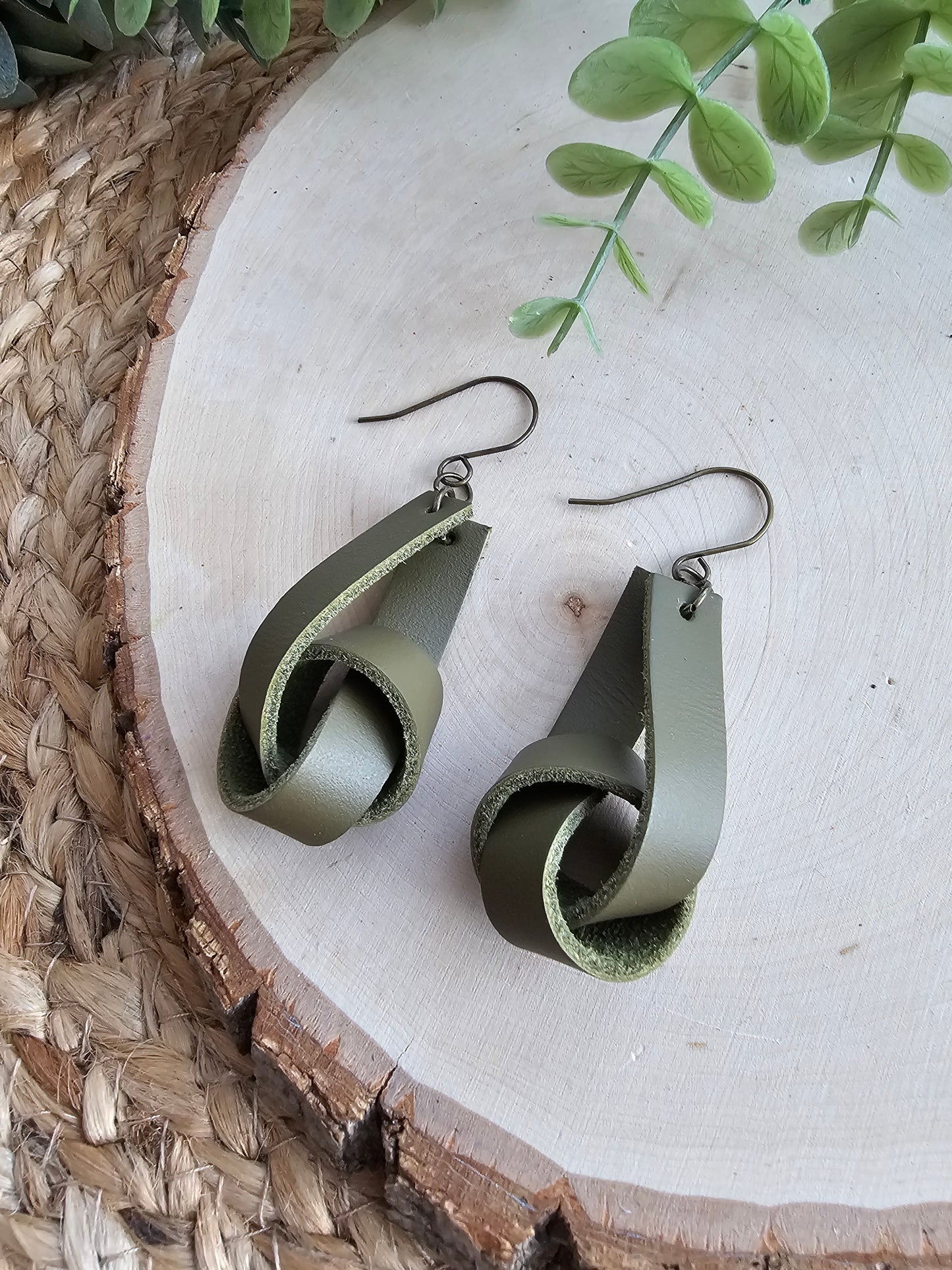 Olive Green Leather Wide Knot Earrings