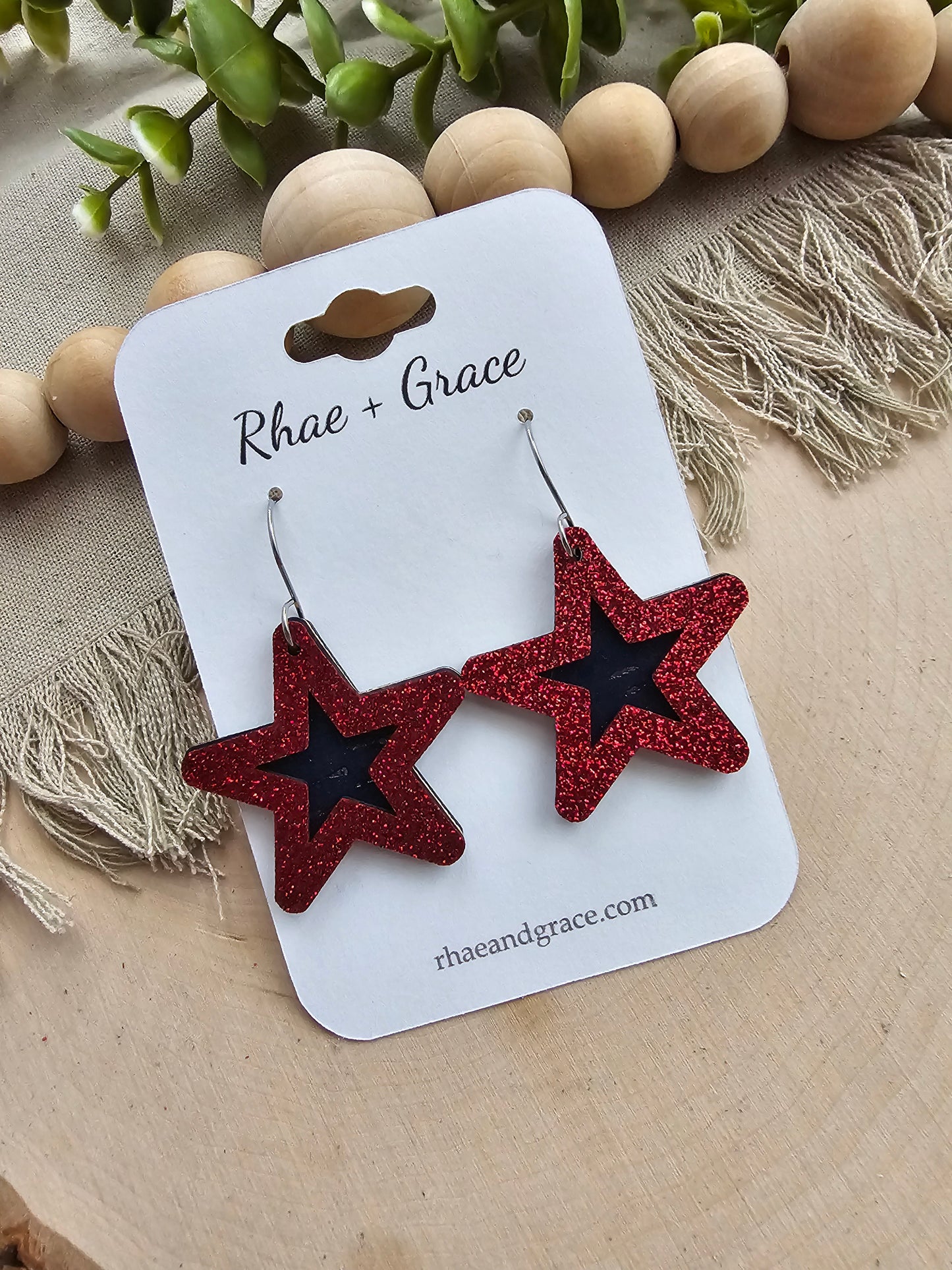 Red Glitter & Blue Layered Star Earrings