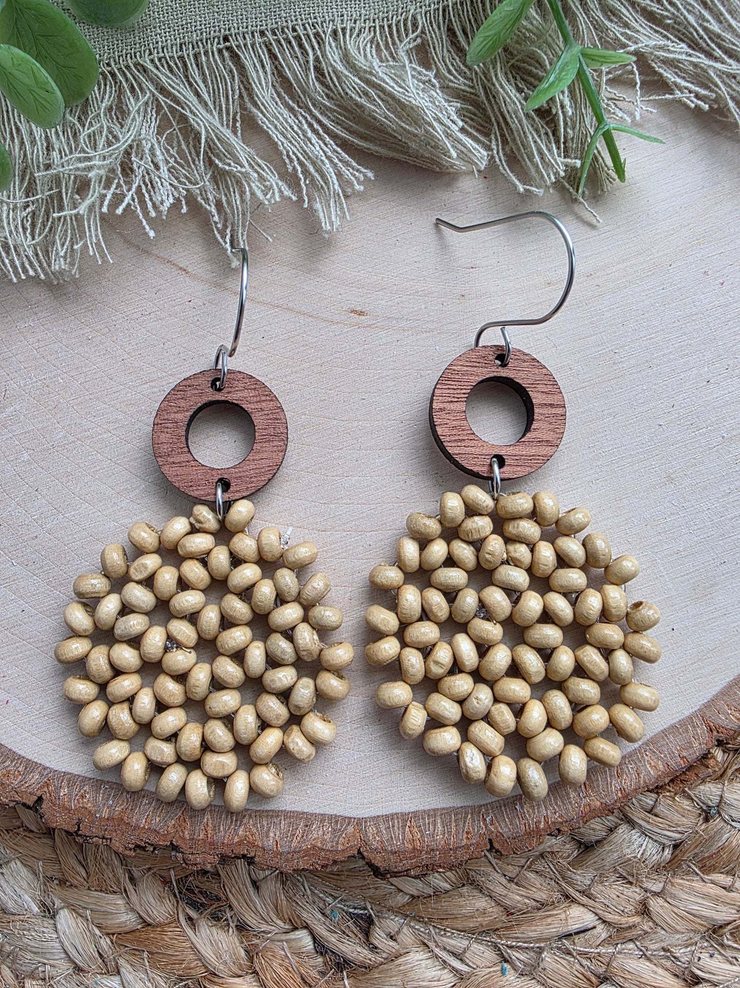 Beige Beaded Circle Earrings