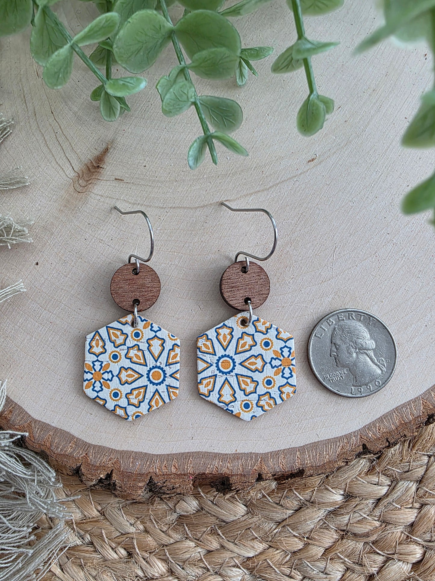 Blue & Yellow Moroccan Tile Hexagon Earrings