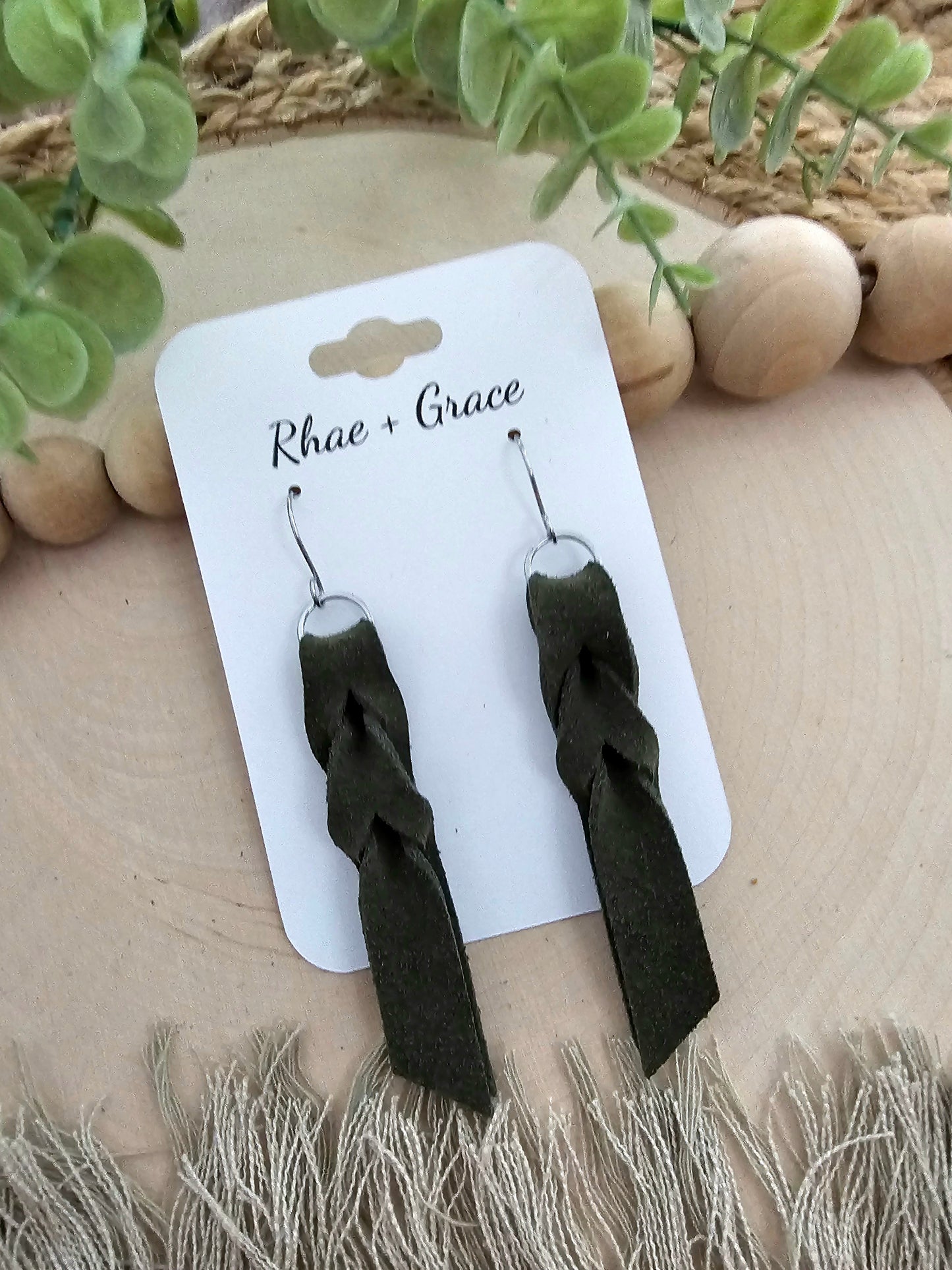 Khaki Green Suede Blood Knot Leather Earrings