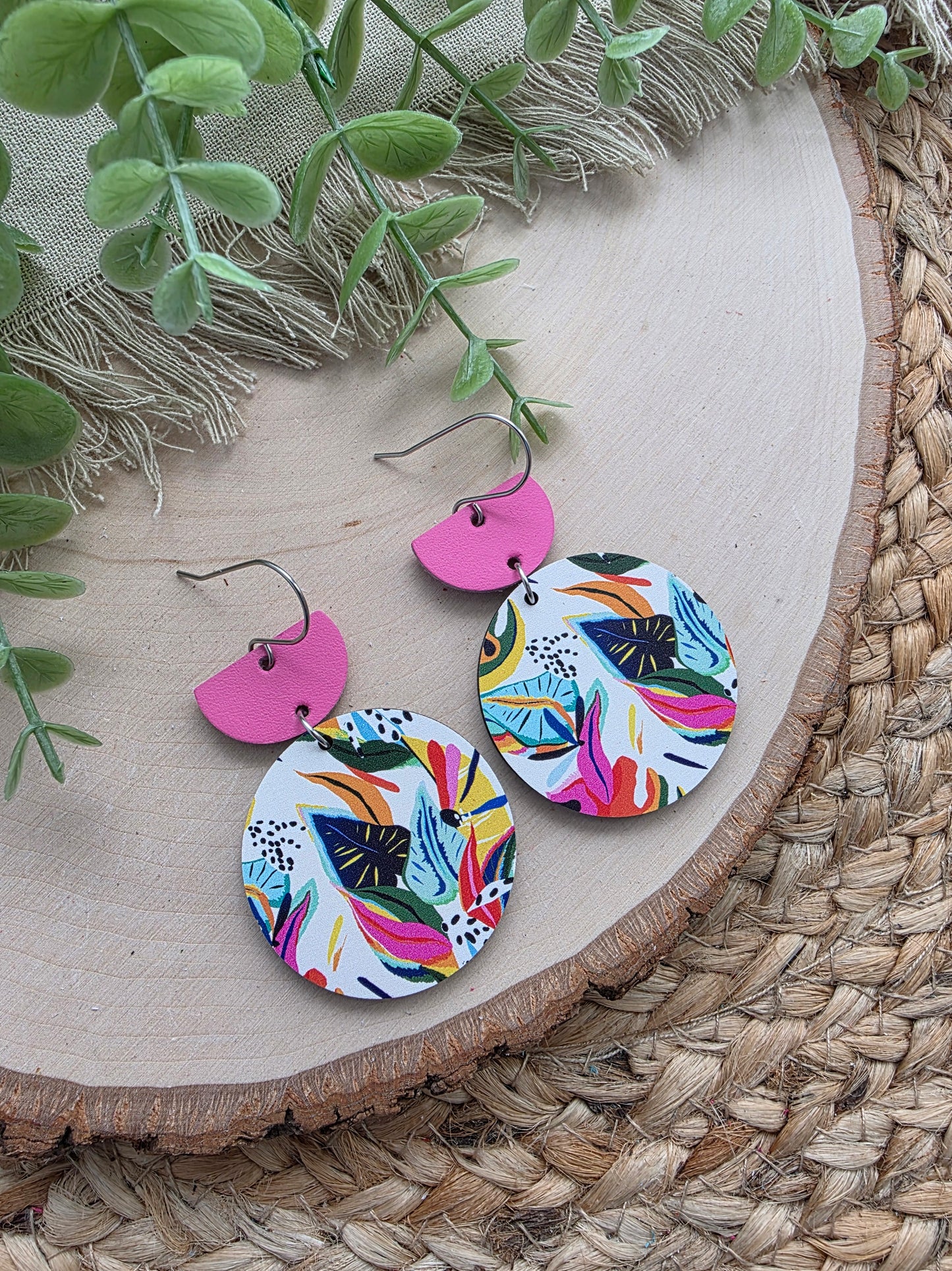 Colorful Tropical Floral Circle Earrings - Pink Top