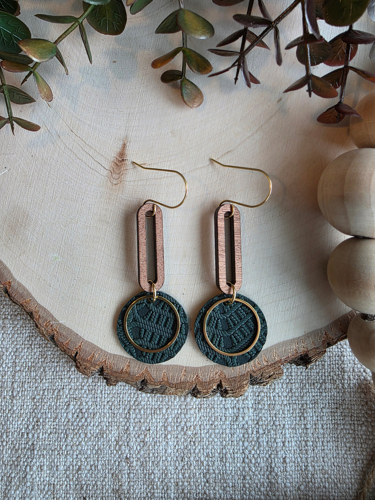Dark Green & Gold Round Drop Earrings