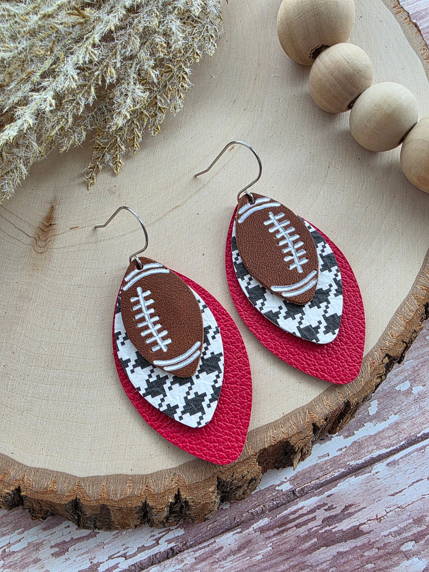 Dark Red & Houndstooth Layered Leather Football Earrings