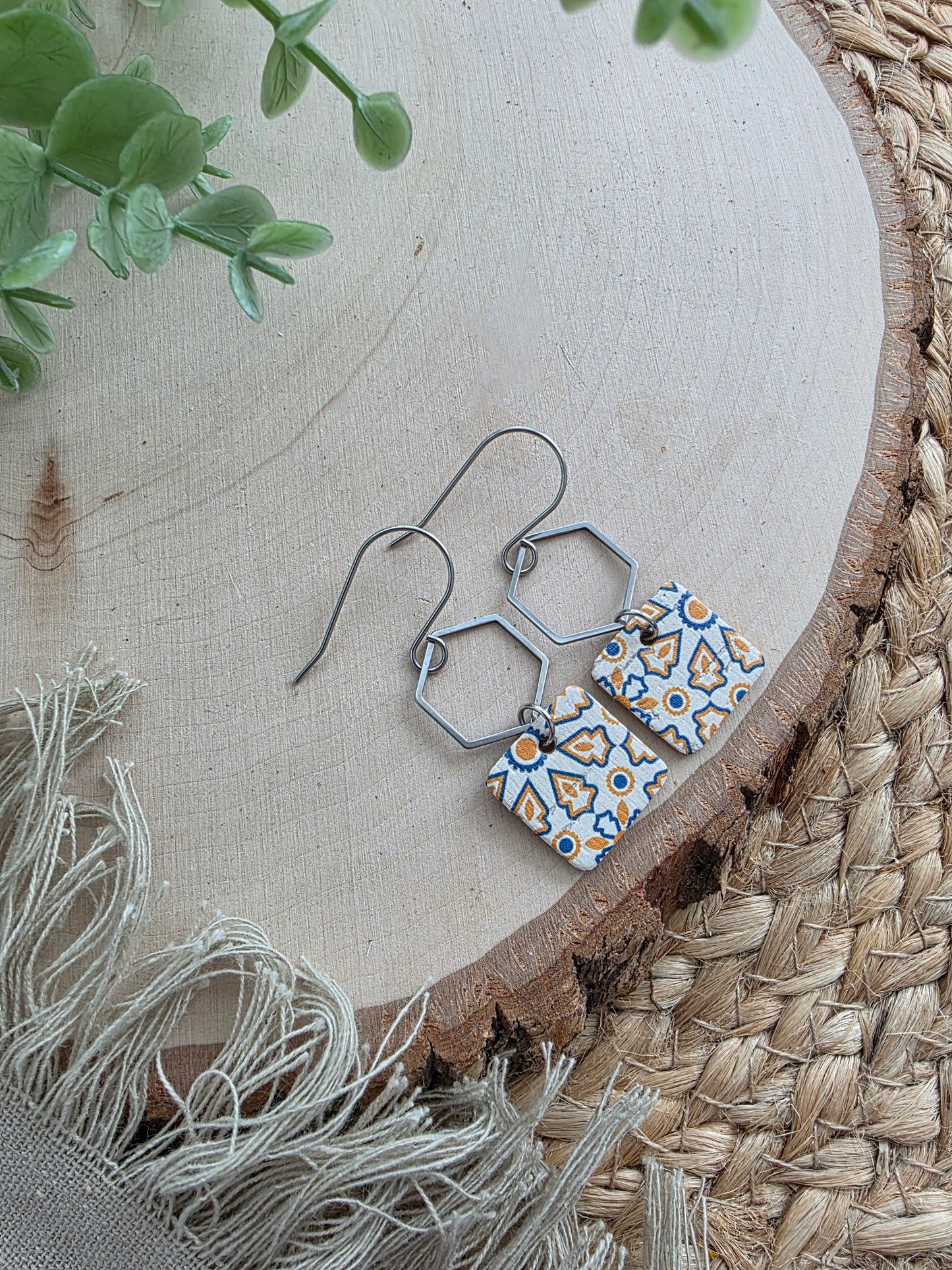 Blue & Yellow Moroccan Tile Dainty Square Earrings