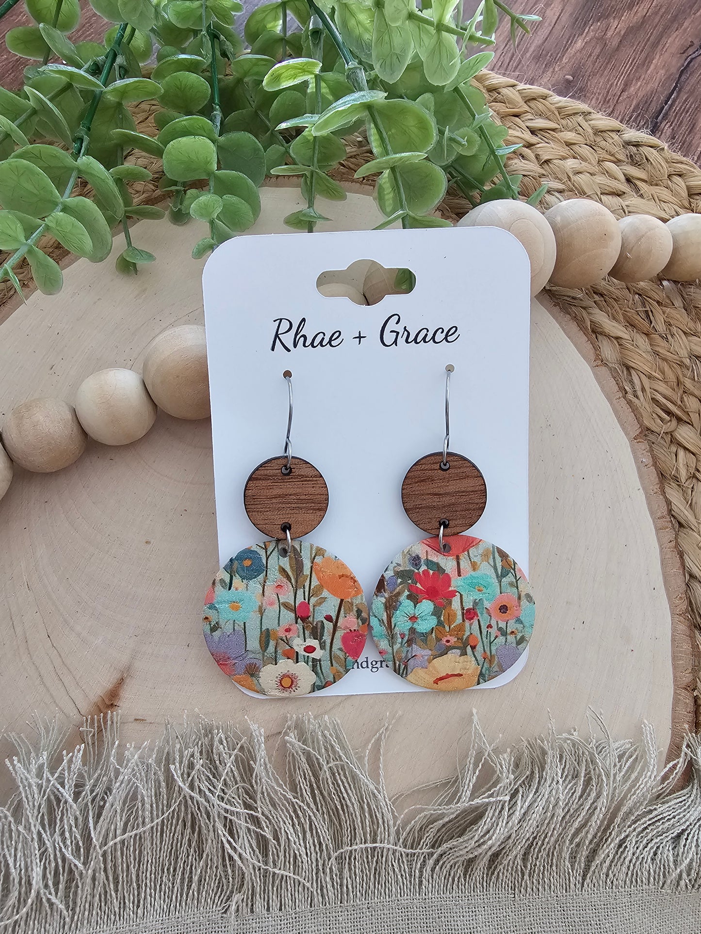 Colorful Wildflower Field Floral Circle Drop Earrings